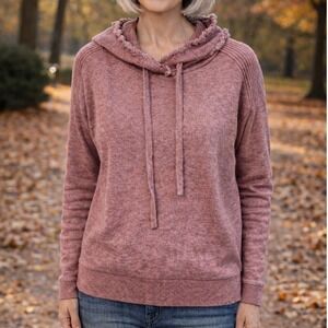 Charlie B Womens M Mauve Pink Fringe Trim Hooded Sweater C2416-736A Pointelle